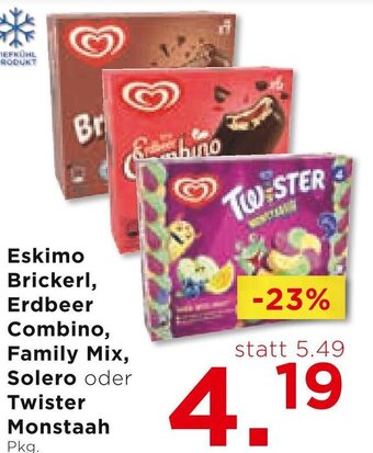 Unimarkt Eskimo Brickerl, Erdbeer Combino, Family Mix, Solero oder Twister Monstaah Pkg. Angebot