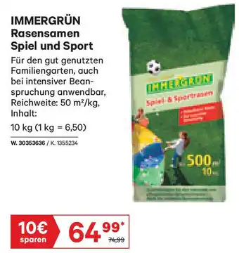 Lagerhaus IMMERGRÜN Rasensamen Spiel und Sport 10 kg Angebot