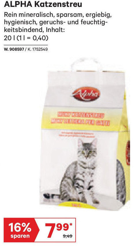 Lagerhaus ALPHA Katzenstreu 20 L Angebot