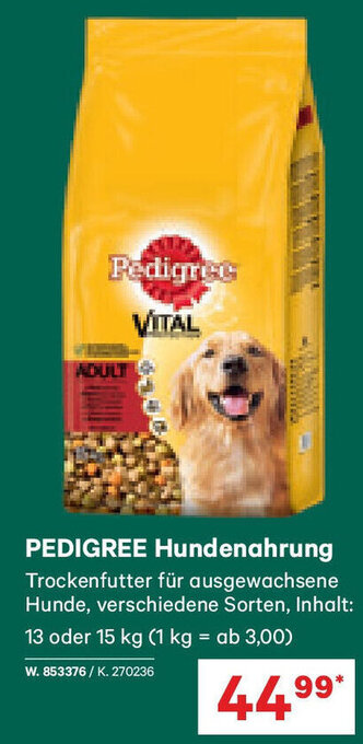 Lagerhaus PEDIGREE Hundenahrung 13 oder 15 kg Angebot