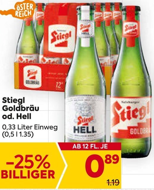Billa Stiegl Goldbräu od. Hell 0,33 Liter Einweg Angebot