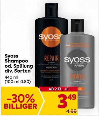 Billa Syoss Shampoo od. Spülung div. Sorten 440 ml Angebot