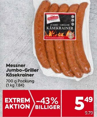Billa Messner Jumbo-Griller Käsekrainer 700 g Packung Angebot