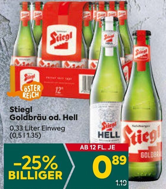 Billa Stiegl Goldbräu od. Hell 0,33 Liter Einweg Angebot