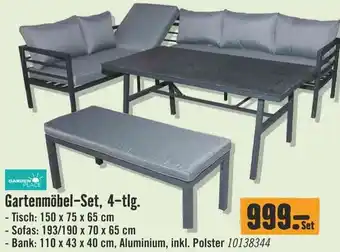 Hornbach Gartenmöbel-Set, 4-tlg. - Tisch: 150 x 75 x 65 cm Bank: 110 x 43 x 40 cm, Aluminium, inkl. Polster 10138344 Angebot