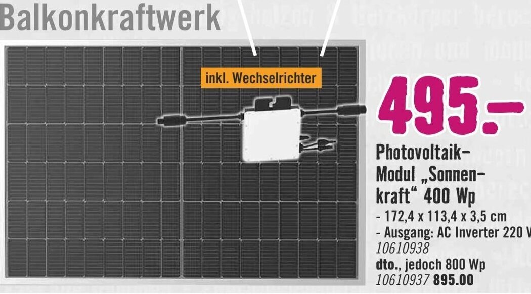Hornbach Balkonkraftwerk Photovoltaik- Modul „Sonnen- kraft" 400 Wp Angebot