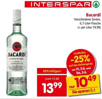 Interspar Bacardi Verschiedene Sorten, 0,7-Liter-Flasche Angebot