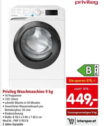 Interspar privileg Waschmaschine 9 kg Angebot