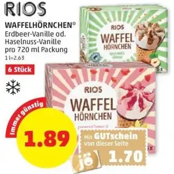 PENNY RIOS WAFFELHÖRNCHEN* Erdbeer-Vanille od. Haselnuss-Vanille pro 720 ml Packung Angebot