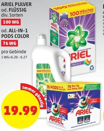 PENNY ARIEL PULVER od. FLÜSSIG div. Sorten 100 WG od. ALL-IN-1 PODS COLOR 76 WG Angebot