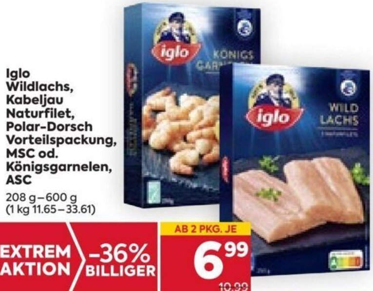 Billa Iglo Wildlachs, Kabeljau Naturfilet, Polar-Dorsch Vorteilspackung, MSC od. Königsgarnelen, ASC  208 g- 600 g Angebot