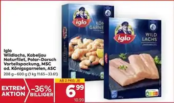 Billa Iglo Wildlachs, Kabeljau Naturfilet, Polar-Dorsch Vorteilspackung, MSC od. Königsgarnelen, ASC 208 g-600 g (1 kg 11.65-33.61) Angebot