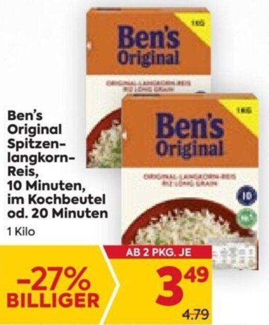 Billa Ben's Original Spitzen-langkorn-Reis, 10 Minuten, im Kochbeutel od. 20 Minuten 1 Kilo Angebot