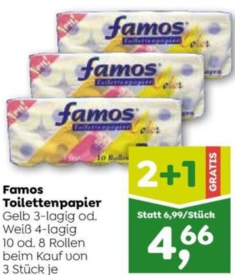 ADEG Famos Toilettenpapier Gelb 3-lagig od. Weiß 4-lagig 10 od. 8 Rollen beim Kauf von 3 Stück je Angebot