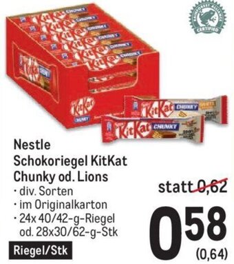 Metro Nestle Schokoriegel KitKat Chunky od. Lions - 24x 40/42-g-Riegel od. 28x30/62-g-Stk Riegel/Stk Angebot