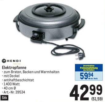 Metro HENDI Elektropfanne -1.400 Watt . 40 cm Ø Angebot