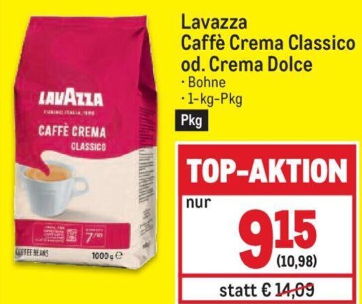 Metro Lavazza Caffè Crema Classico od. Crema Dolce • Bohne -1-kg-Pkg Angebot