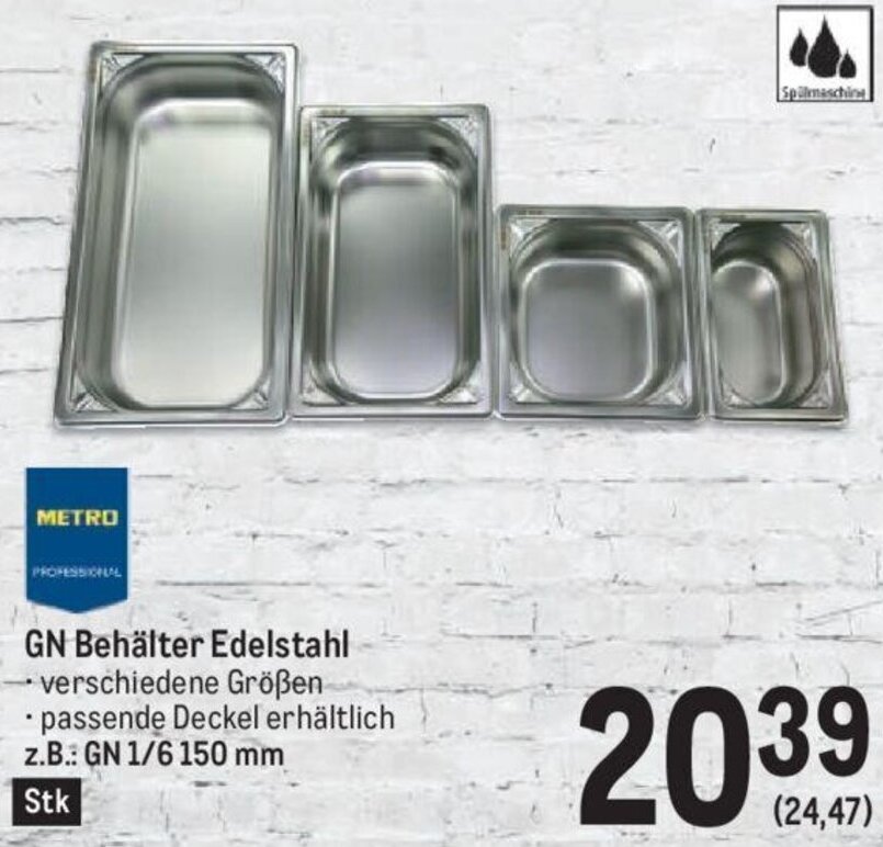 Metro GN Behälter Edelstahl verschiedene Größen passende Deckel erhältlich z.B.: GN 1/6 150 mm Stk Angebot