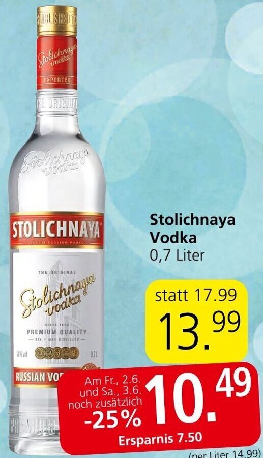 Spar Stolichnaya Vodka 0,7 Liter Angebot