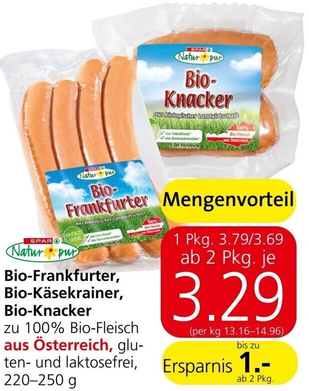 Spar Bio-Frankfurter, Bio-Käsekrainer, Bio-Knacker 220-250 g Angebot