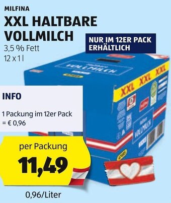 Hofer MILFINA XXL HALTBARE VOLLMILCH 12 x 1L Angebot