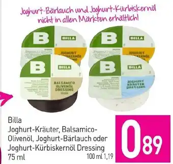 Sutterlüty Billa Joghurt-Kräuter, Balsamico-Olivenöl, Joghurt-Bärlauch oder Joghurt-Kürbiskernöl Dressing 75 ml Angebot