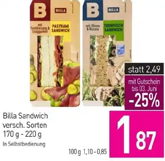 Sutterlüty Billa Sandwich versch. Sorten 170 g - 220 g In Selbstbedienung Angebot