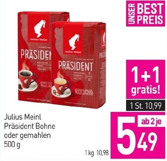 Sutterlüty Julius Meinl Präsident Bohne oder gemahlen 500 g Angebot