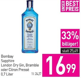 Sutterlüty Bombay Sapphire London Dry Gin, Bramble oder Citron Pressé 0,7 Liter Angebot