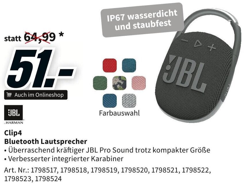 Media Markt JBL Clip4 Bluetooth Lautsprecher Angebot