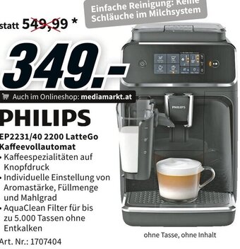 Media Markt PHILIPS EP2231/40 2200 LatteGo Kaffeevollautomat Angebot