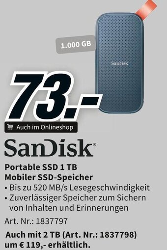 Media Markt SanDisk Portable SSD 1 TB Mobiler SSD-Speicher Angebot