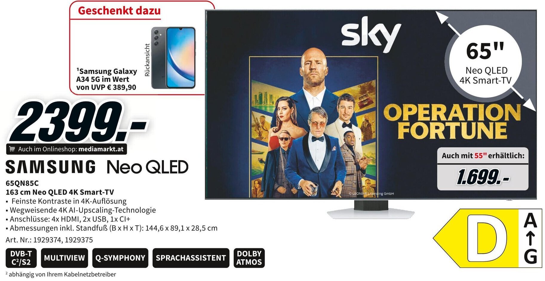 Media Markt Samsung Neo QLED 65QN85C 163 cm Neo QLED 4K Smart-TV Angebot