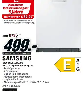Media Markt SAMSUNG DW60M6050BB/EO Geschirrspüler vollintegriert Angebot