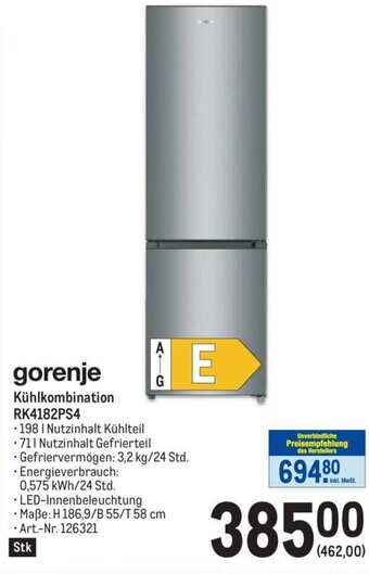 Metro gorenje Kühlkombination RK4182PS4 Angebot