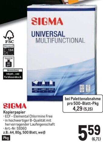 Metro SIGMA Kopierpapier z.B.: A4, 80g, 500 Blatt, weiß Angebot
