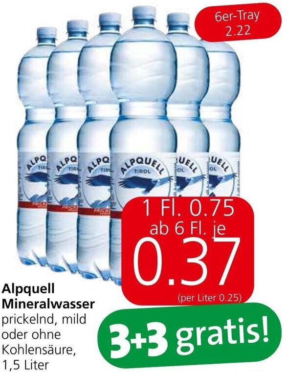 Spar Alpquell Mineralwasser prickelnd, mild oder ohne Kohlensäure, 1,5 Liter Angebot