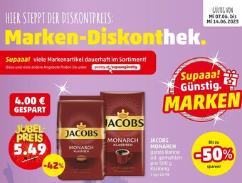 PENNY JACOBS MONARCH ganze Bohne od. gemahlen pro 500 g Packung Angebot