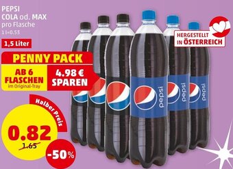 PENNY PEPSI COLA od. MAX pro Flasche 1,5 Liter Angebot