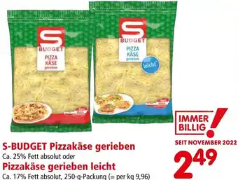 Interspar S-BUDGET Pizzakäse gerieben Ca. 25% Fett absolut oder Pizzakäse gerieben leicht Ca. 17% Fett absolut, 250-g-Packung Angebot