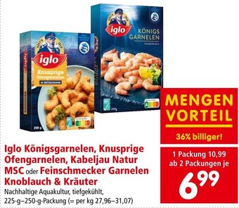 Interspar Iglo Königsgarnelen, Knusprige Ofengarnelen, Kabeljau Natur MSC oder Feinschmecker Garnelen Knoblauch & Kräuter 225 g - 250 g Angebot