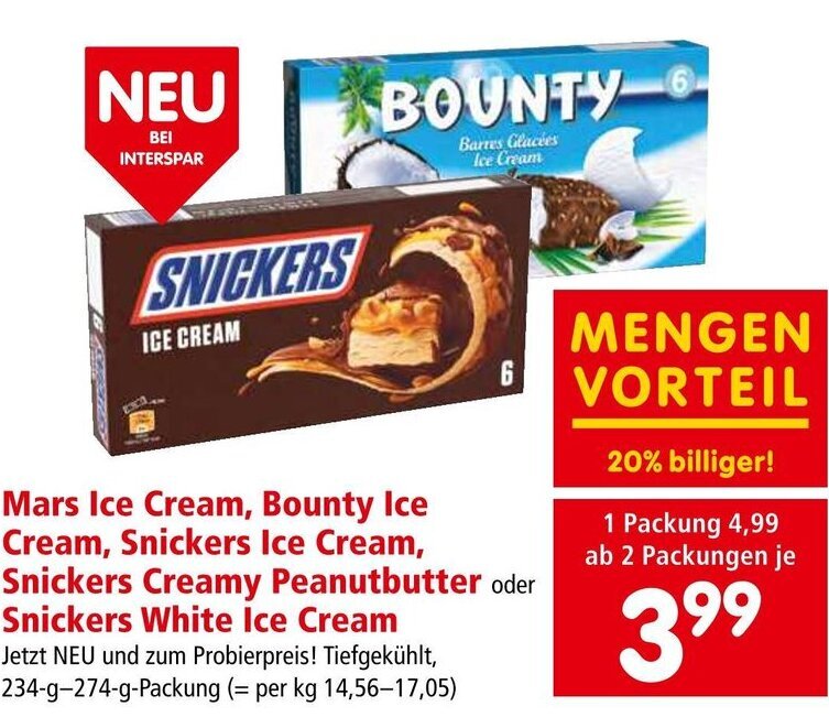 Interspar Mars Ice Cream, Bounty Ice Cream, Snickers Ice Cream, Snickers Creamy Peanutbutter oder Snickers White Ice Cream Angebot