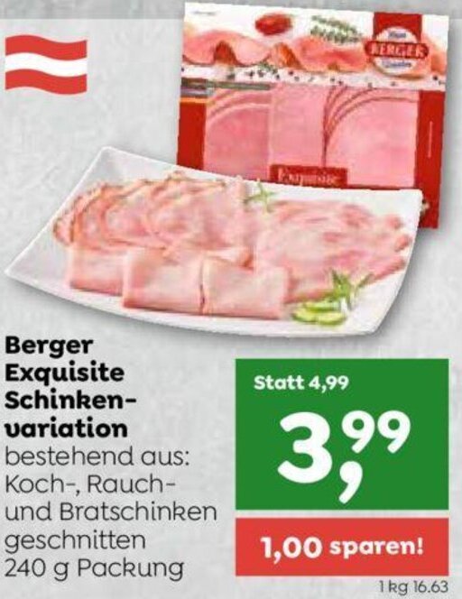 ADEG Berger Exquisite Schinken-variation bestehend aus: Koch-, Rauch-und Bratschinken geschnitten 240 g Packung Angebot