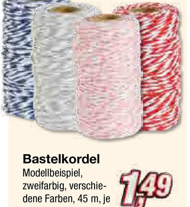 KiK Bastelkordel Modellbeispiel, zweifarbig, verschie-dene Farben, 45 m, je Angebot
