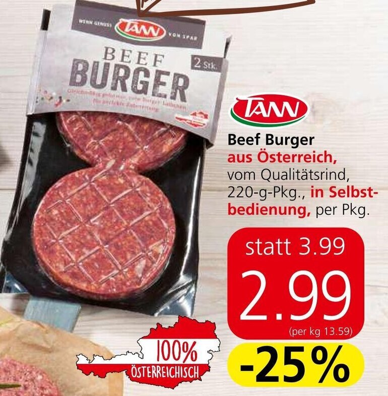 Eurospar Beef Burger aus Österreich, 220 g Angebot