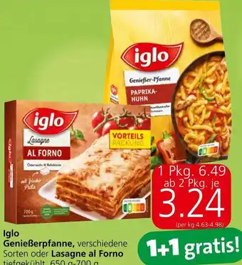 Eurospar Iglo Genießerpfanne, verschiedene Sorten oder Lasagne al Forno tiefgekühlt, 650 g-700 g Angebot