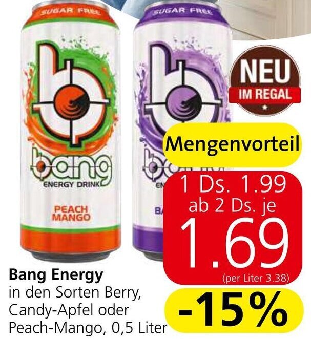 Eurospar Bang Energy in den Sorten Berry, Candy-Apfel oder Peach-Mango, 0,5 Liter Angebot