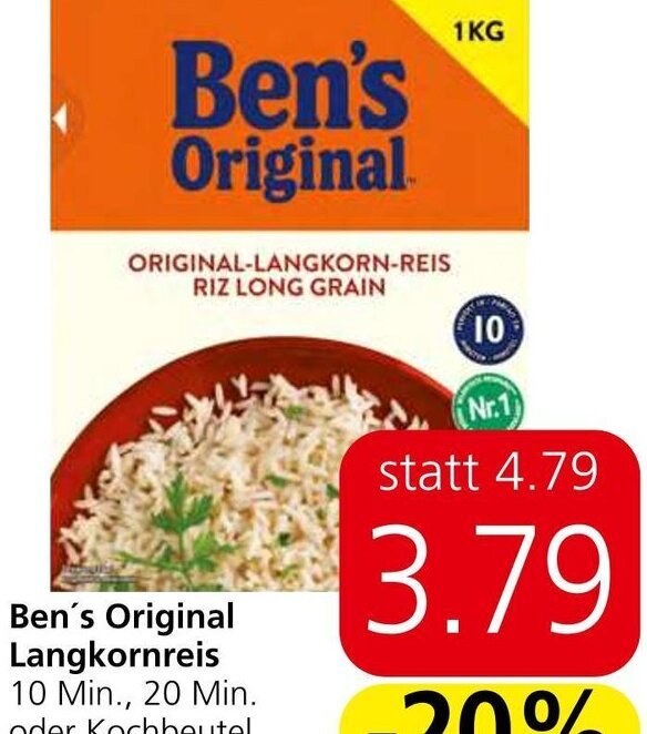 Eurospar Ben's Original Langkornreis 10 Min., 20 Min. oder Kochbeutel 10 Min., 1 kg Angebot