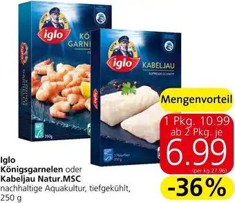 Eurospar Iglo Königsgarnelen oder Kabeljau Natur.MSC nachhaltige Aquakultur, tiefgekühlt, 250 g Angebot