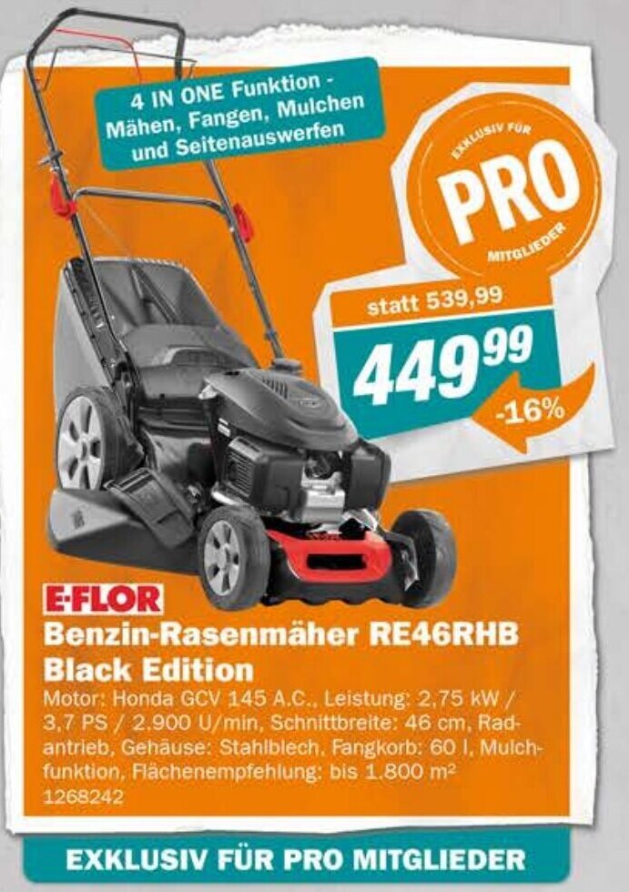 Let's Do It Baumarkt E-FLOR Benzin-Rasenmäher RE46RHB Black Edition Angebot